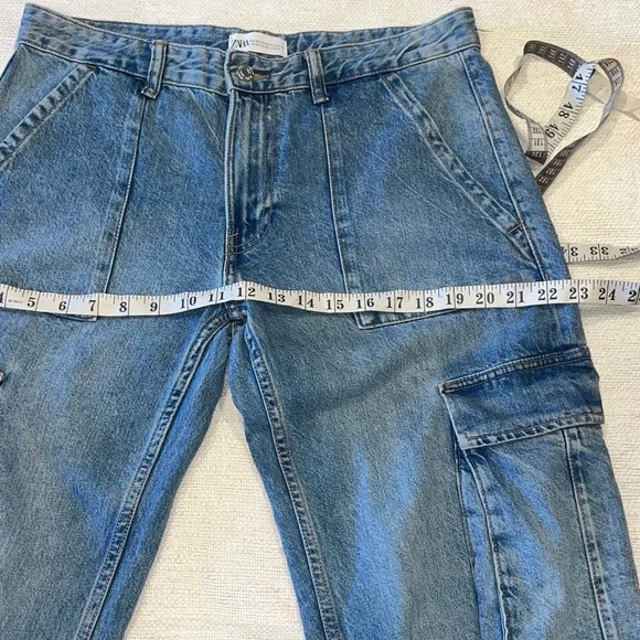ZARA✨Cargo Jeans U.S. Women’s 6 Baggy Low Waisted Pockets Med Blue - Picture 6 of 16